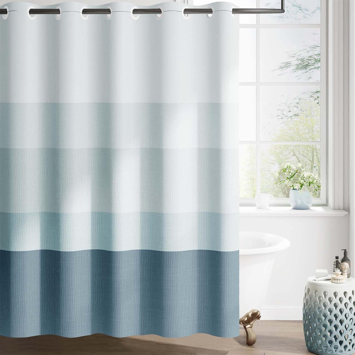 Ombre Ocean Blue Shower Curtain for Bathroom 70x72 Inch 12 Hooks