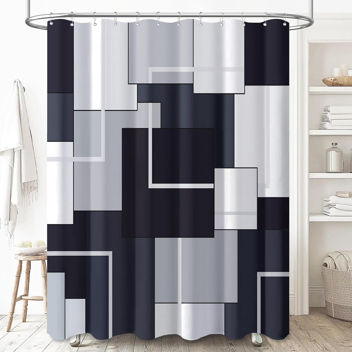 BTTN Navy Blue Modern Geometric Waterproof Fabric , 72x72