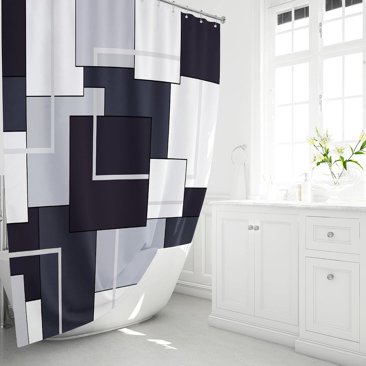 BTTN Navy Blue Modern Geometric Waterproof Fabric , 72x72