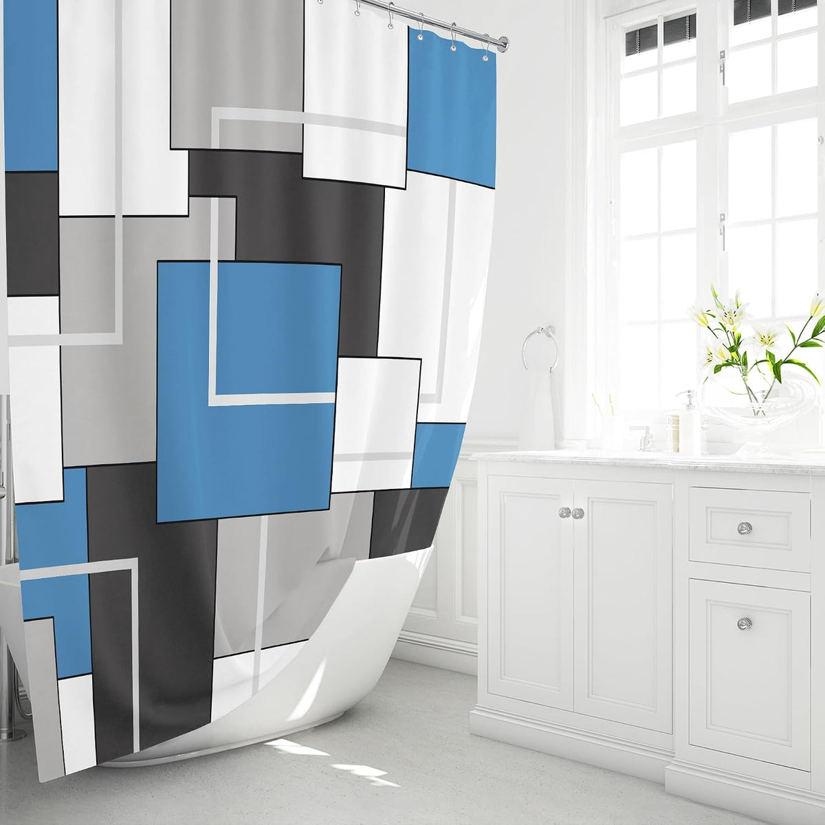 BTTN Navy Blue Modern Geometric Waterproof Fabric , 72x72