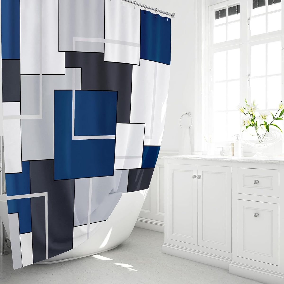 BTTN Navy Blue Modern Geometric Waterproof Fabric , 72x72