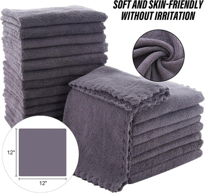Ultra Soft Premium Washcloths Set - 12 x 12 inches - 24 Pack - Quick Drying - Highly Absorbent Coral Velvet Bathroom Wash Clothes - Use as Bath, Spa, Facial, Fingertip Towel (Grey)