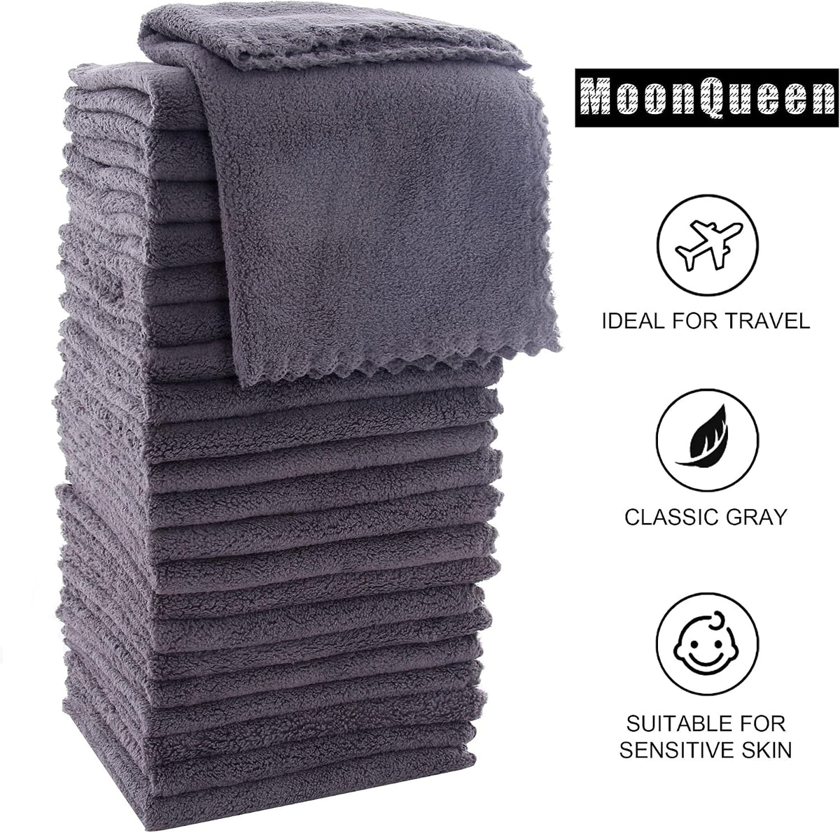 Ultra Soft Premium Washcloths Set - 12 x 12 inches - 24 Pack - Quick Drying - Highly Absorbent Coral Velvet Bathroom Wash Clothes - Use as Bath, Spa, Facial, Fingertip Towel (Grey)