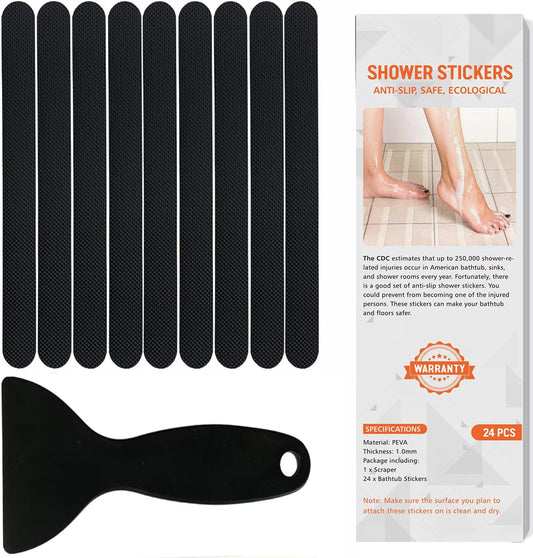 Non Slip Bathtub Stickers, 24 PCS Shower Stickers for Safety Bathroom Tubs, Bathtub Non Slip Stickers and Adhesive Decals Scraper for Bath Tub, Shower Floor, Stairs, Ladders(Clear)