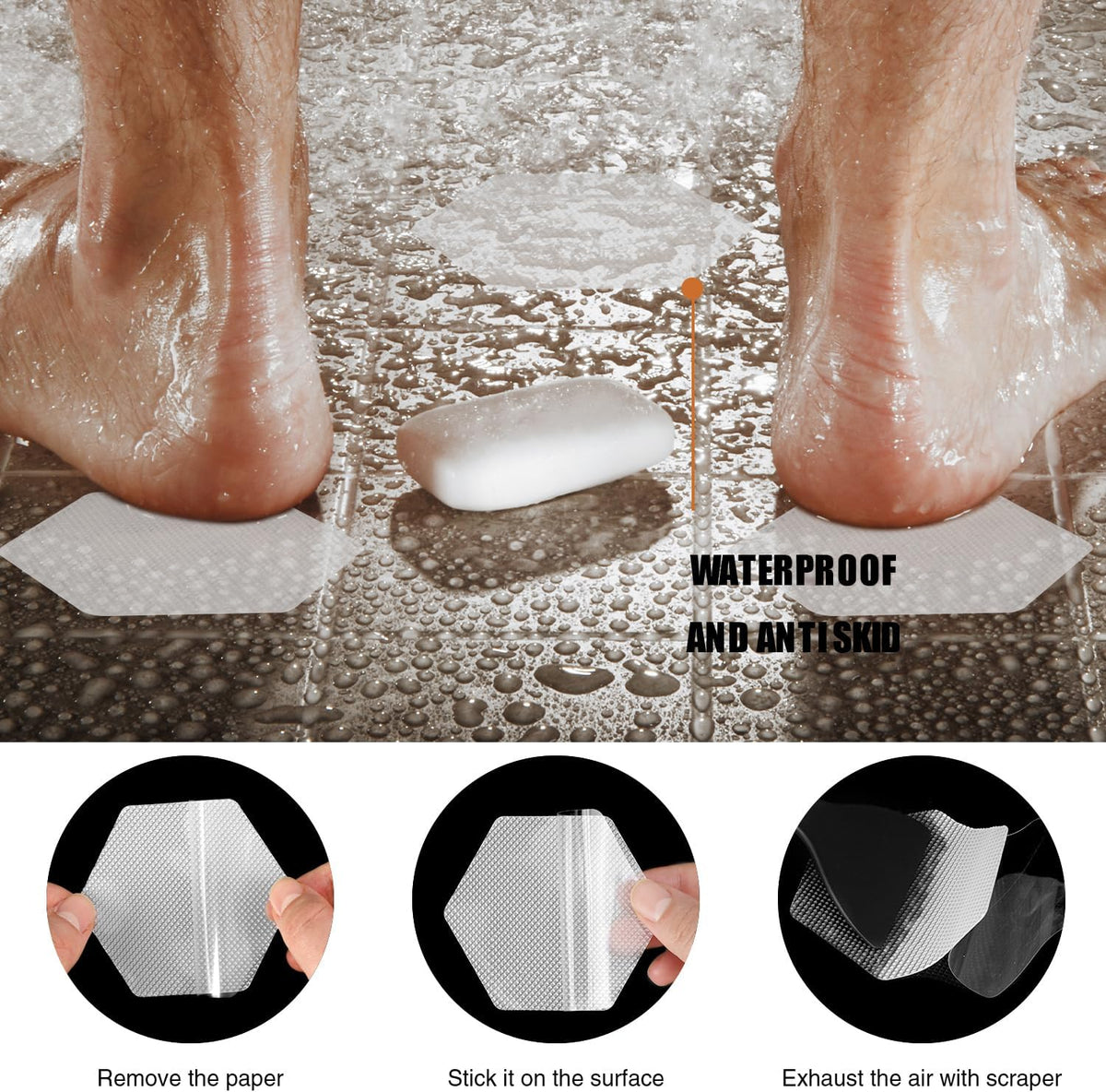 Hexagon Non Slip Bathtub Stickers with Scraper, 12PCS, Clear | Original 3.15 in Anti-Slip Treads, Comfortable PEVA Material, Strong Adhesive, Easy to Use, For Bath Tubs, Showers & Stairs