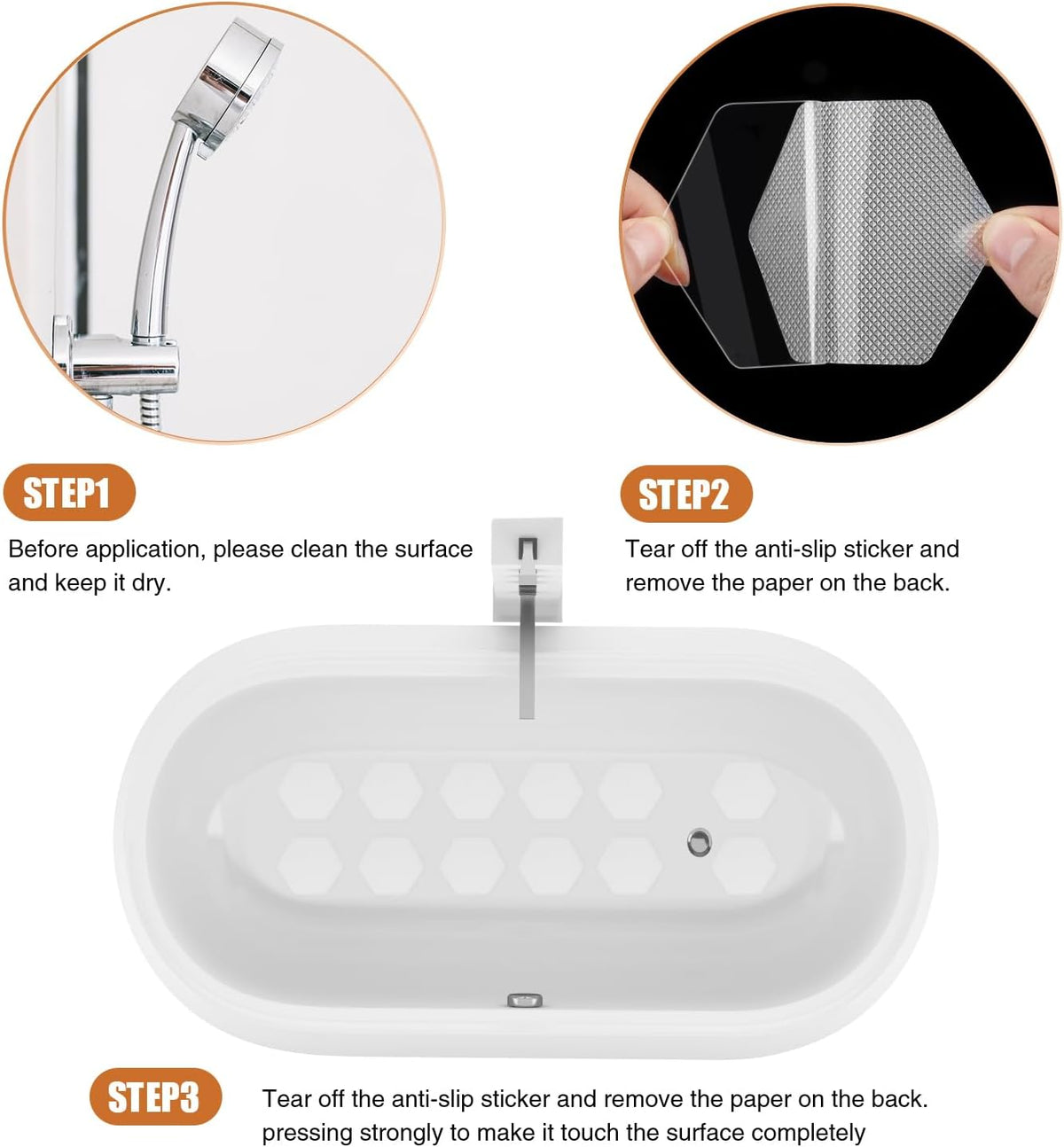 Hexagon Non Slip Bathtub Stickers with Scraper, 12PCS, Clear | Original 3.15 in Anti-Slip Treads, Comfortable PEVA Material, Strong Adhesive, Easy to Use, For Bath Tubs, Showers & Stairs