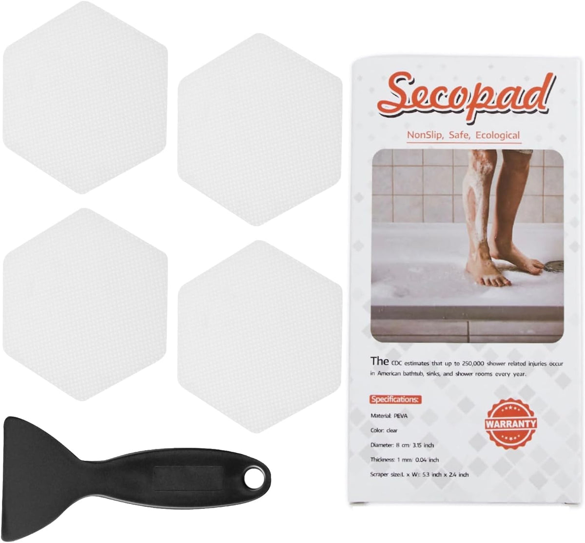 Hexagon Non Slip Bathtub Stickers with Scraper, 12PCS, Clear | Original 3.15 in Anti-Slip Treads, Comfortable PEVA Material, Strong Adhesive, Easy to Use, For Bath Tubs, Showers & Stairs