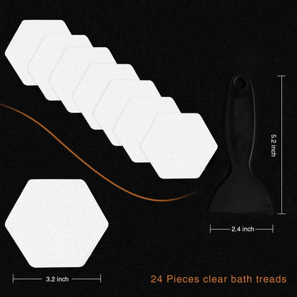 Hexagon Non Slip Bathtub Stickers with Scraper, 12PCS, Clear | Original 3.15 in Anti-Slip Treads, Comfortable PEVA Material, Strong Adhesive, Easy to Use, For Bath Tubs, Showers & Stairs