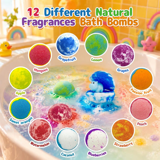 Bath Bombs for Kids with Surprise Toys Inside, 12 Pack Natural Bubble Bath Fizzy Gift Set for Girls Boys Organic,Kids Safe Handmade Birthday Christmas and Party Favor Stocking Stuffers