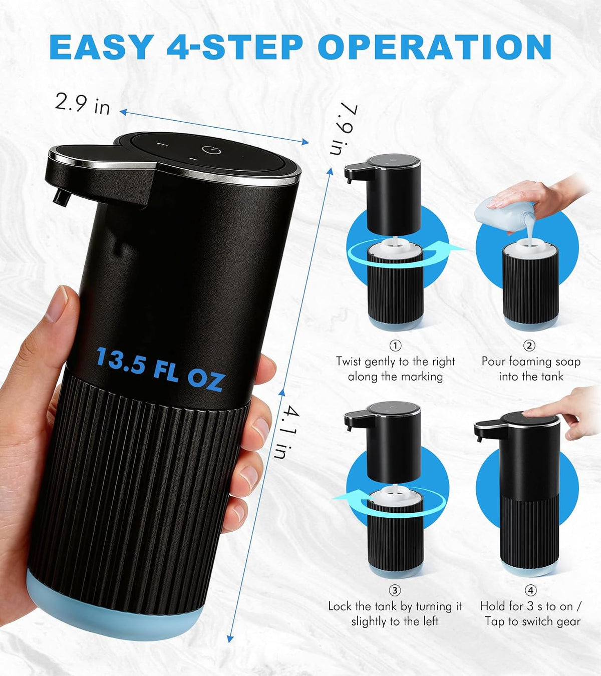 RYTOXILO Automatic Soap Dispenser, 2 Pack Black Touchless Liquid Soap Dispenser for Bathroom, 13.5 Fl Oz Plastic Electric Auto Dish Soap Dispensers Wall Mount for Kitchen with Adjustable Volume