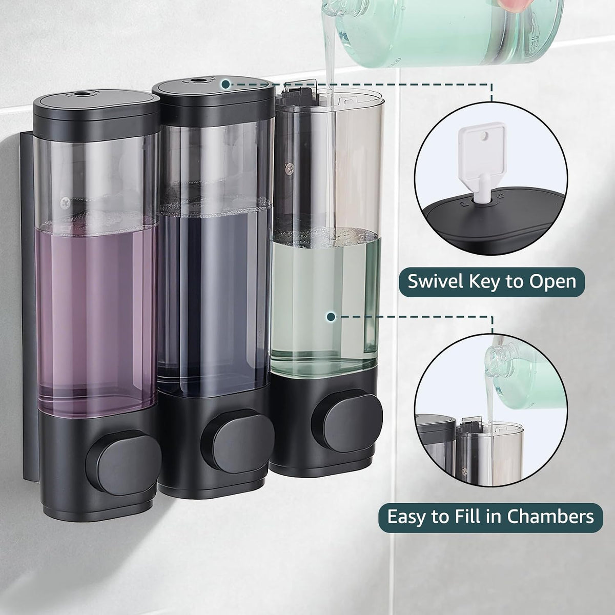 Pollock Shower Soap Dispenser No Drill 3 Chamber*300ML,White | Shampoo and Conditioner Dispenser Wall Mounted,Shampoo Body Wash Conditioner for Bathroom Large Capacity