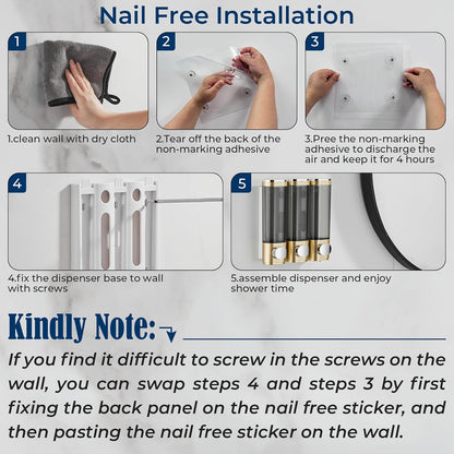Pollock Shower Soap Dispenser No Drill 3 Chamber*300ML,White | Shampoo and Conditioner Dispenser Wall Mounted,Shampoo Body Wash Conditioner for Bathroom Large Capacity
