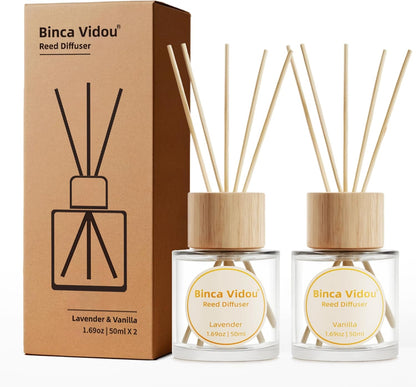 Reed Diffuser Set, Binca Vidou Lavender & Vanilla Natural Scent Oil Diffusers with Sticks for Home Office Bathroom Aromatherapy Decor 1.69oz x 2