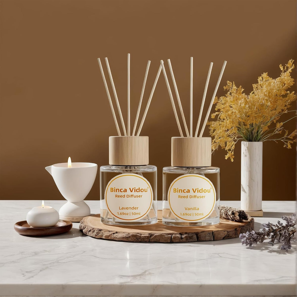 Reed Diffuser Set, Binca Vidou Lavender & Vanilla Natural Scent Oil Diffusers with Sticks for Home Office Bathroom Aromatherapy Decor 1.69oz x 2