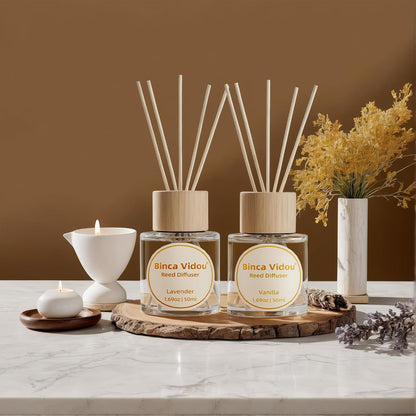Reed Diffuser Set, Binca Vidou Lavender & Vanilla Natural Scent Oil Diffusers with Sticks for Home Office Bathroom Aromatherapy Decor 1.69oz x 2
