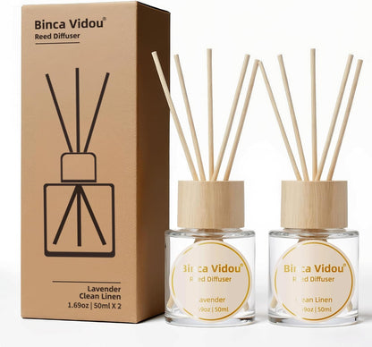 Reed Diffuser Set, Binca Vidou Lavender & Vanilla Natural Scent Oil Diffusers with Sticks for Home Office Bathroom Aromatherapy Decor 1.69oz x 2