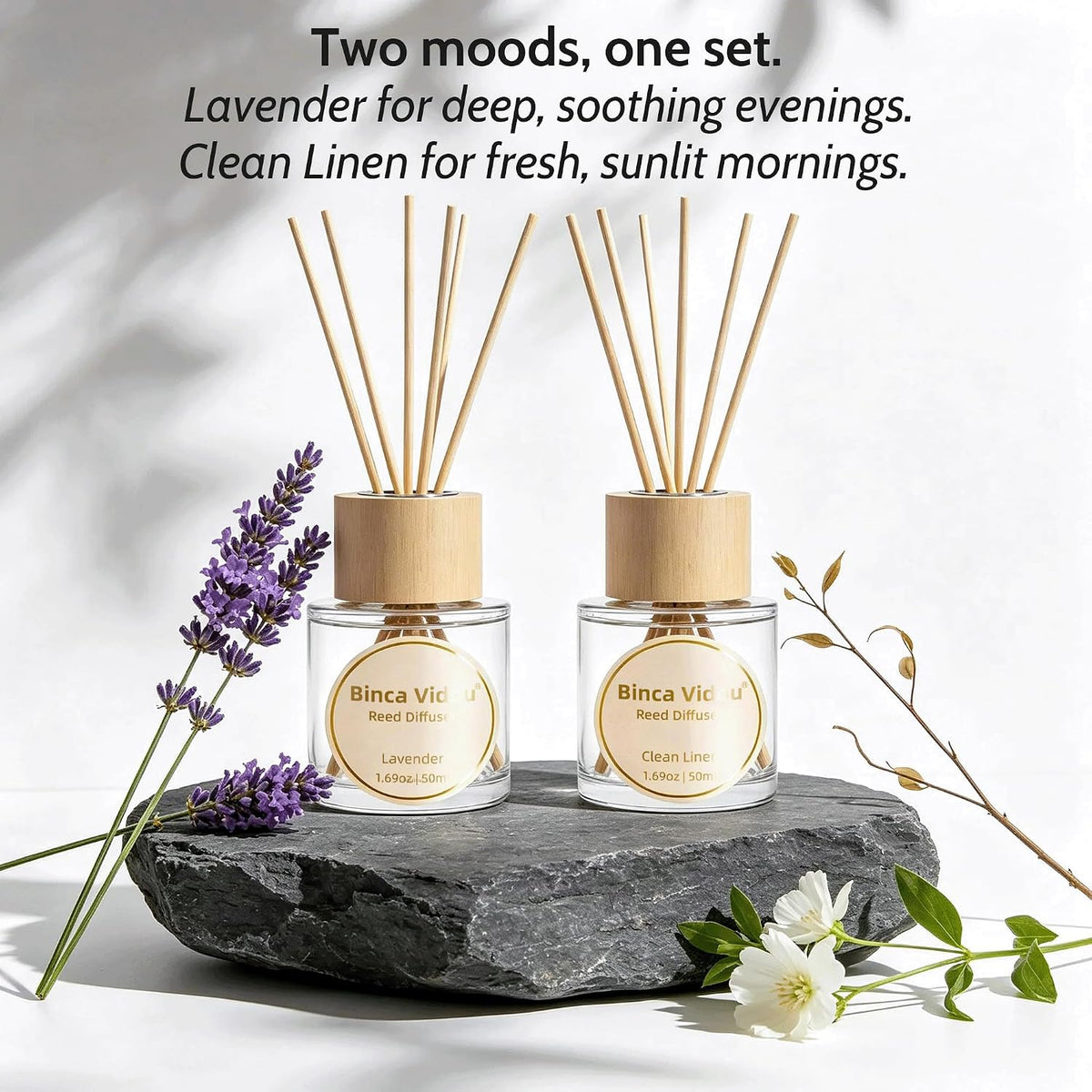 Reed Diffuser Set, Binca Vidou Lavender & Vanilla Natural Scent Oil Diffusers with Sticks for Home Office Bathroom Aromatherapy Decor 1.69oz x 2