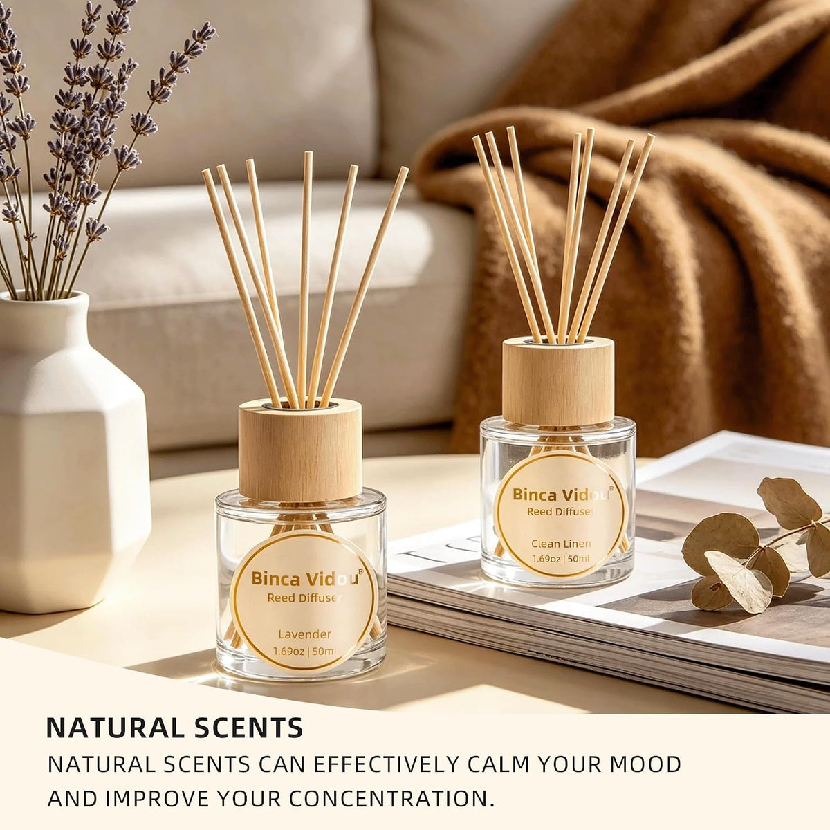 Reed Diffuser Set, Binca Vidou Lavender & Vanilla Natural Scent Oil Diffusers with Sticks for Home Office Bathroom Aromatherapy Decor 1.69oz x 2
