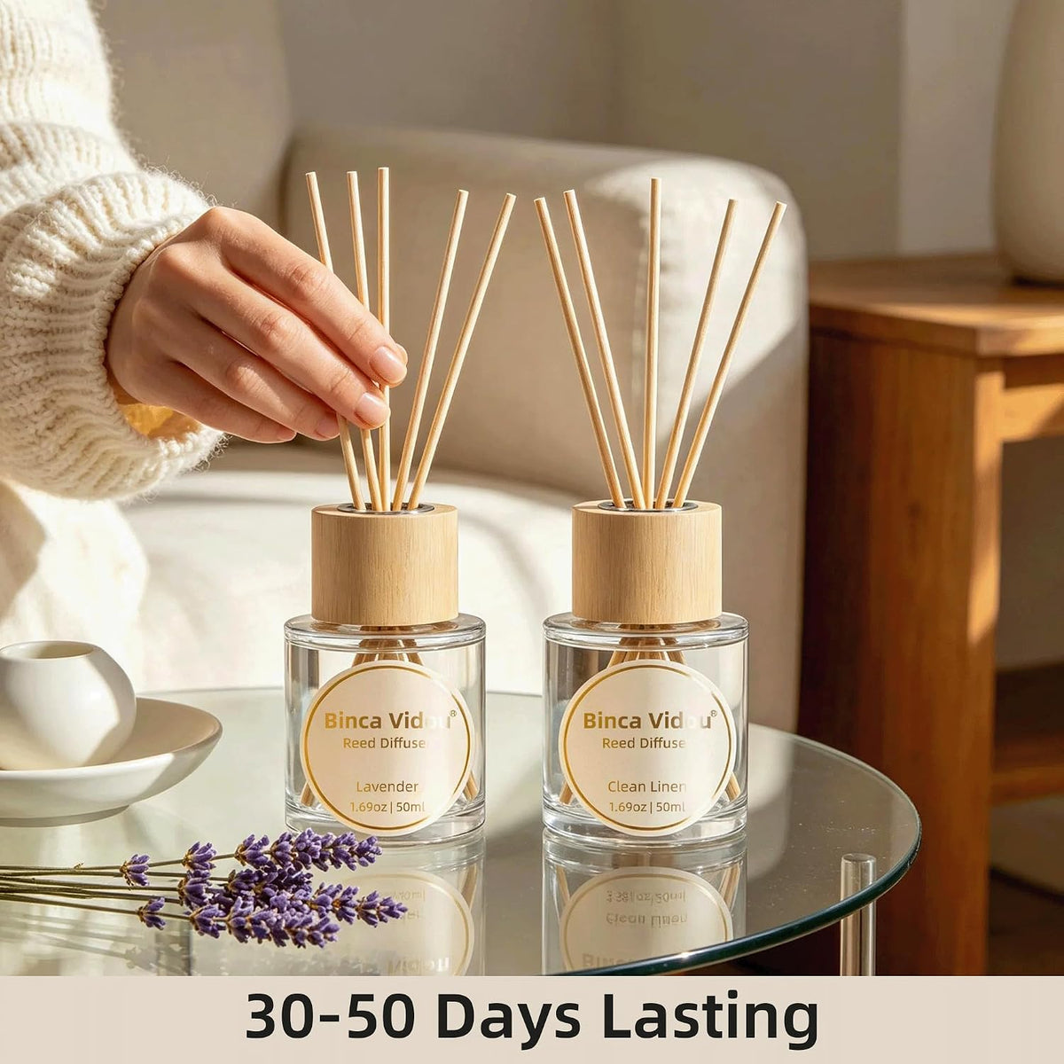 Reed Diffuser Set, Binca Vidou Lavender & Vanilla Natural Scent Oil Diffusers with Sticks for Home Office Bathroom Aromatherapy Decor 1.69oz x 2