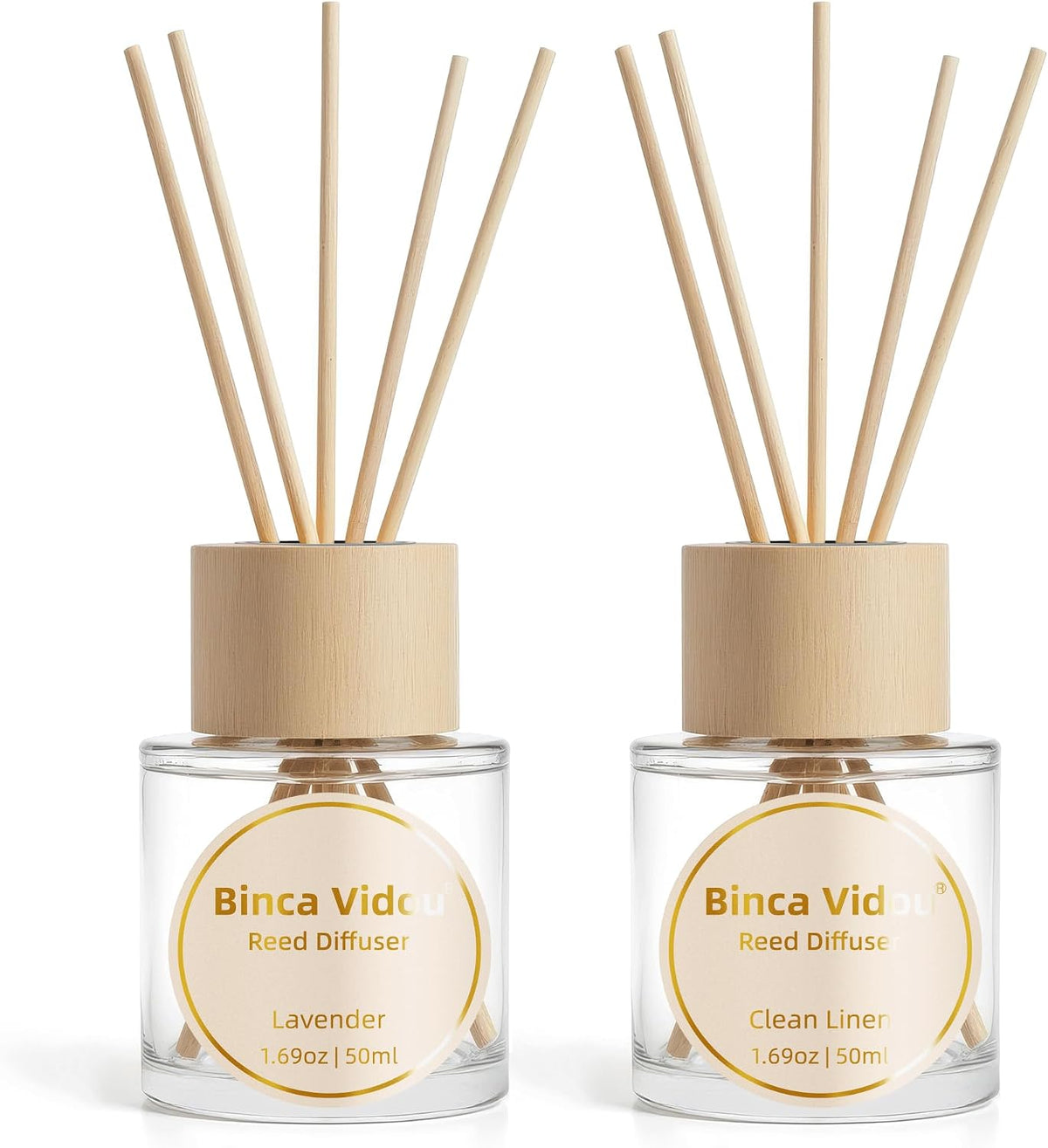 Reed Diffuser Set, Binca Vidou Lavender & Vanilla Natural Scent Oil Diffusers with Sticks for Home Office Bathroom Aromatherapy Decor 1.69oz x 2