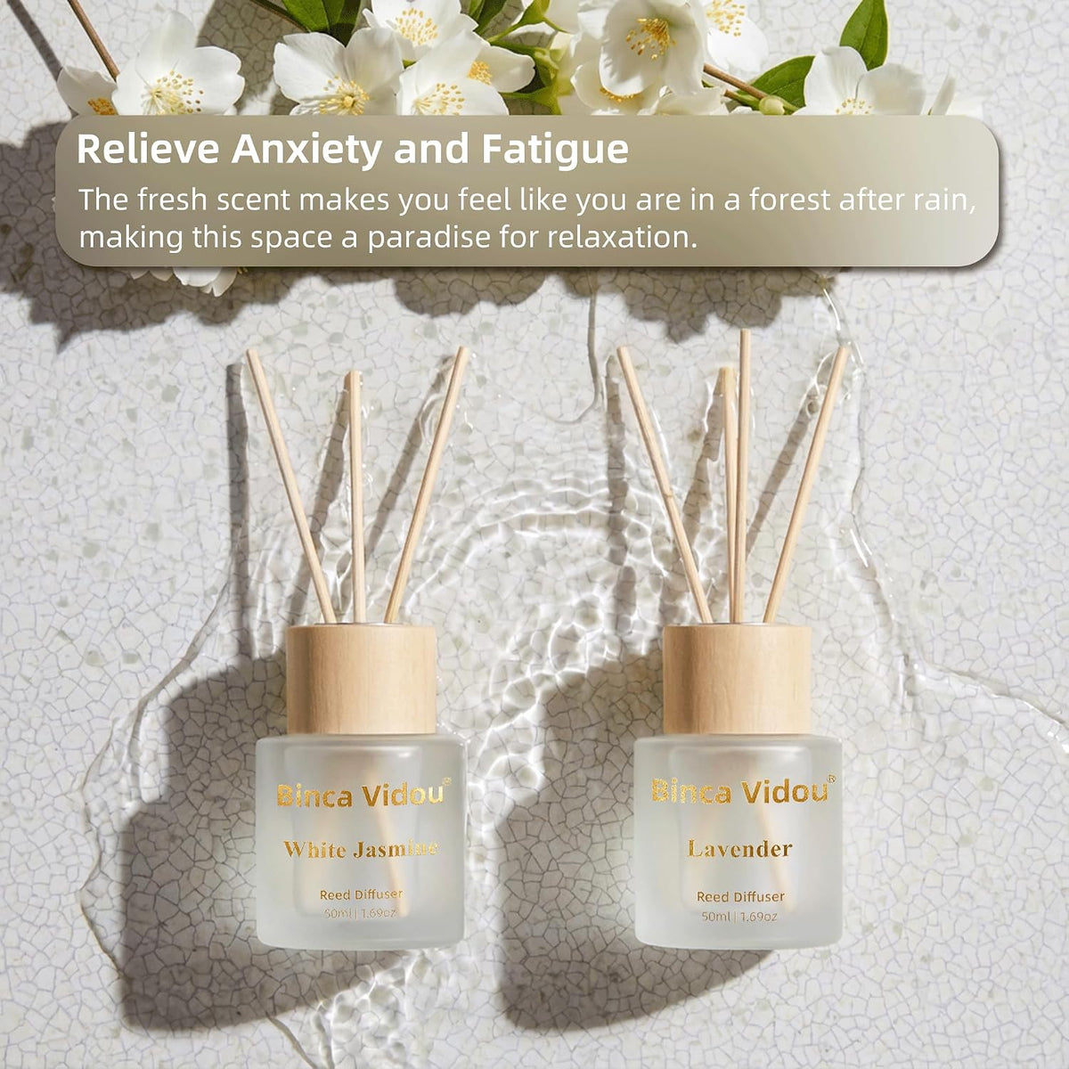 Reed Diffuser Set, Binca Vidou Lavender & Vanilla Natural Scent Oil Diffusers with Sticks for Home Office Bathroom Aromatherapy Decor 1.69oz x 2