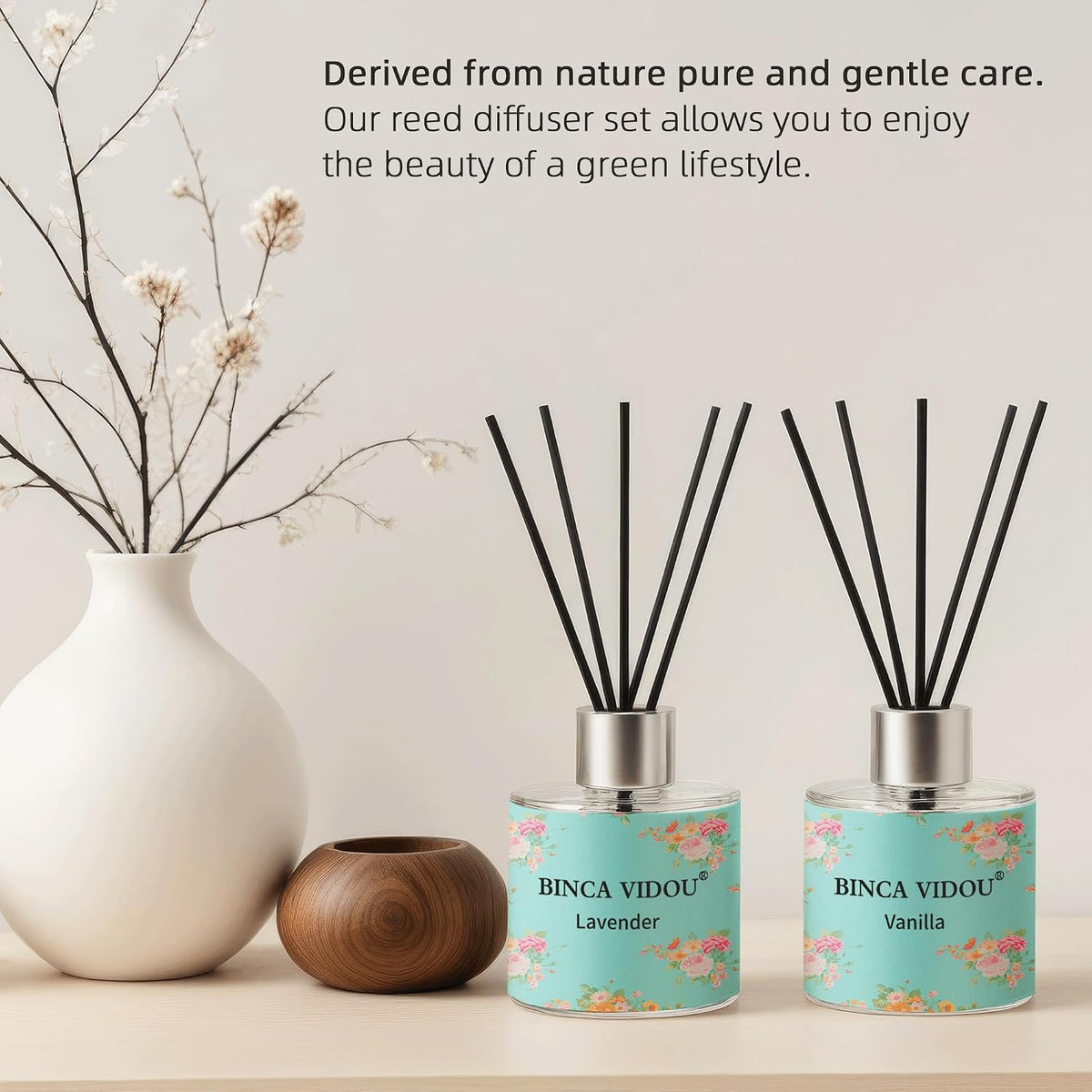 Reed Diffuser Set, Binca Vidou Lavender & Vanilla Natural Scent Oil Diffusers with Sticks for Home Office Bathroom Aromatherapy Decor 1.69oz x 2