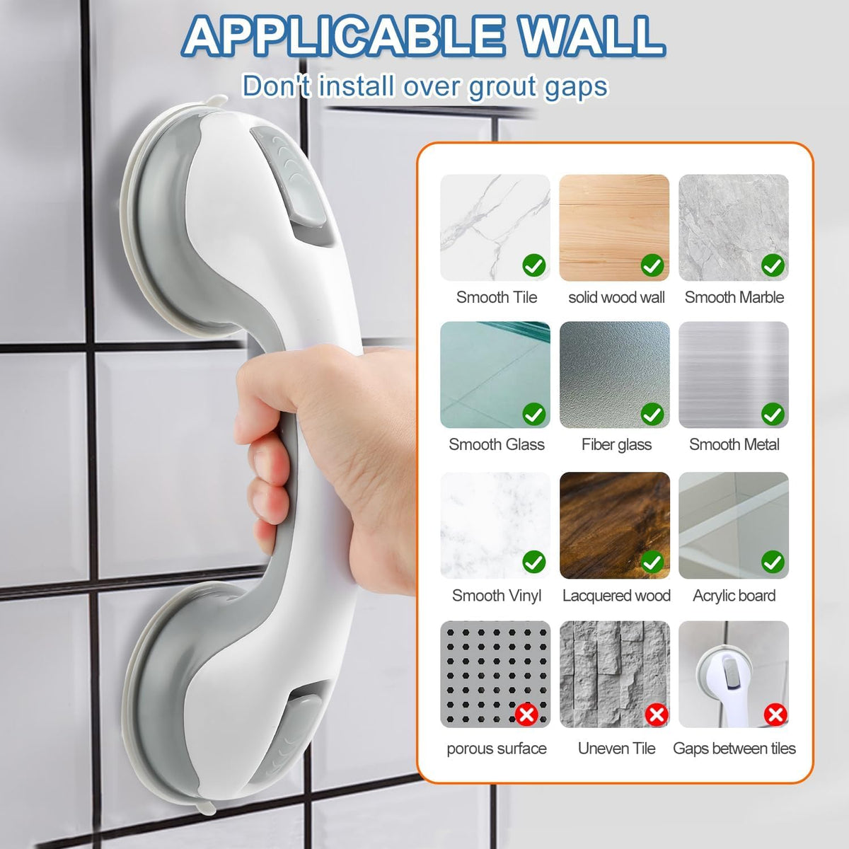 Grab Bars for Shower, 12 Inch Shower Handle for Seniors, 2 Pack