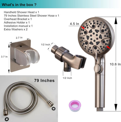 Handheld Shower Head with On Off Switch 8-Mode High Pressure Showerhead with 79 Inches Extra-long Stainless Steel Hose and Bracket PLUS Extra Low-Reach Adhesive Wall Mount for Kids,Silver…