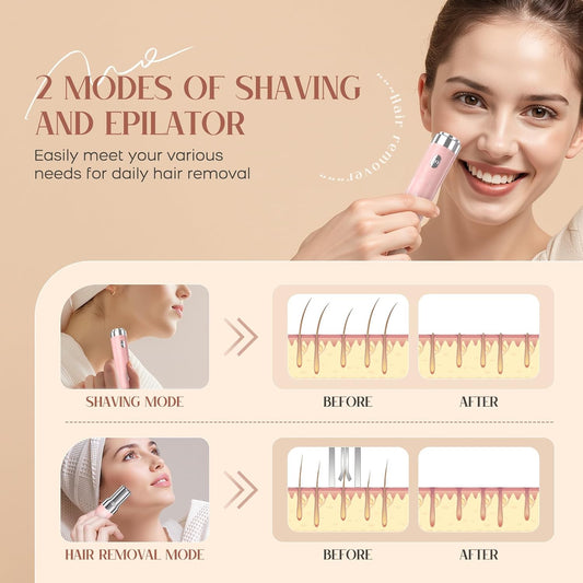 Facial Hair Remover for Women, 2-in-1 Epilator for Women with LED Light USB Rechargeable Portable Electric Epilators Painless Lady Shavers for Face, Lip, Chin, Leg, Arms, Bikini (Pink)