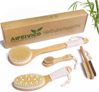 Dry Brushing Body Brush, Natural Boar Bristle Dry Brush, Bamboo Exfoliating Body, Face, Foot, Long Handle Back Scrubber Brush, Meridian Pressure for Lymphatic, Cellulite