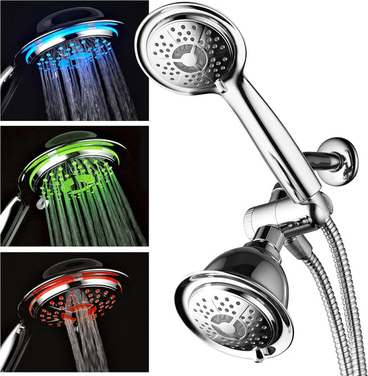 All Chrome 3-way LED Shower Head Combo with Air Jet LED Turbo Pressure-Boost Nozzle Technology. Color of LED lights changes automatically according to water temperature