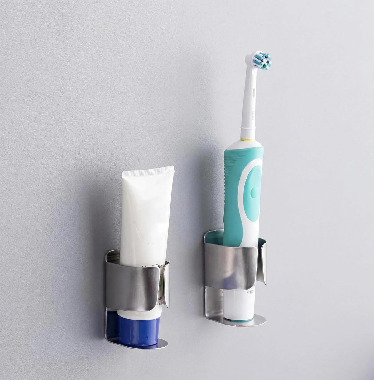 Electric Toothbrush Holder Wall Mount – No Drill 304 Stainless Steel Self Adhesive Bathroom Organizer for Toothbrush/Toothpaste/Facial/Razor – Space Saving Waterproof Rustproof – Silver