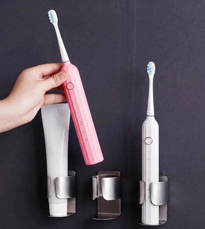Electric Toothbrush Holder Wall Mount – No Drill 304 Stainless Steel Self Adhesive Bathroom Organizer for Toothbrush/Toothpaste/Facial/Razor – Space Saving Waterproof Rustproof – Silver