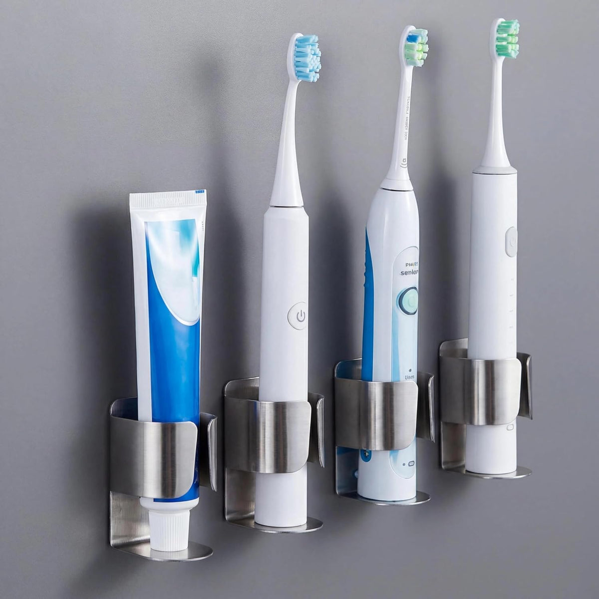 Electric Toothbrush Holder Wall Mount – No Drill 304 Stainless Steel Self Adhesive Bathroom Organizer for Toothbrush/Toothpaste/Facial/Razor – Space Saving Waterproof Rustproof – Silver