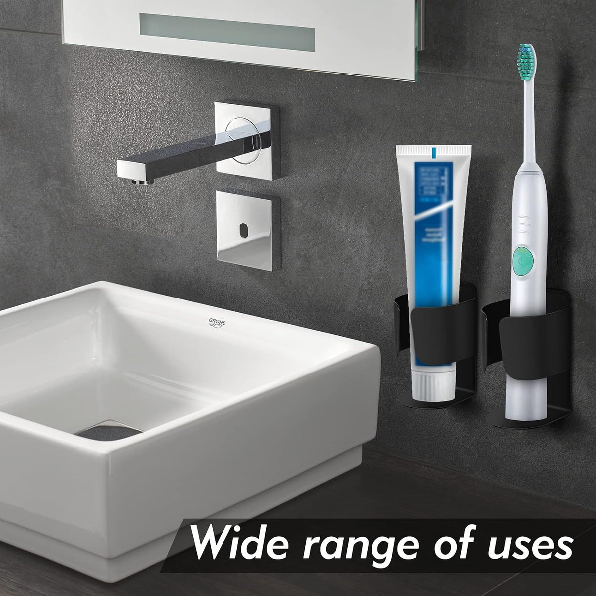 Electric Toothbrush Holder Wall Mount – No Drill 304 Stainless Steel Self Adhesive Bathroom Organizer for Toothbrush/Toothpaste/Facial/Razor – Space Saving Waterproof Rustproof – Silver