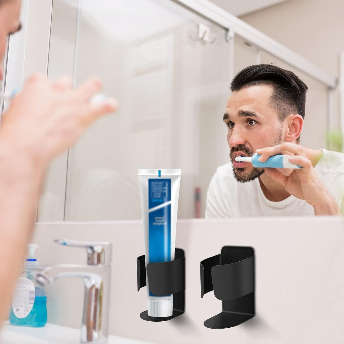 Electric Toothbrush Holder Wall Mount – No Drill 304 Stainless Steel Self Adhesive Bathroom Organizer for Toothbrush/Toothpaste/Facial/Razor – Space Saving Waterproof Rustproof – Silver
