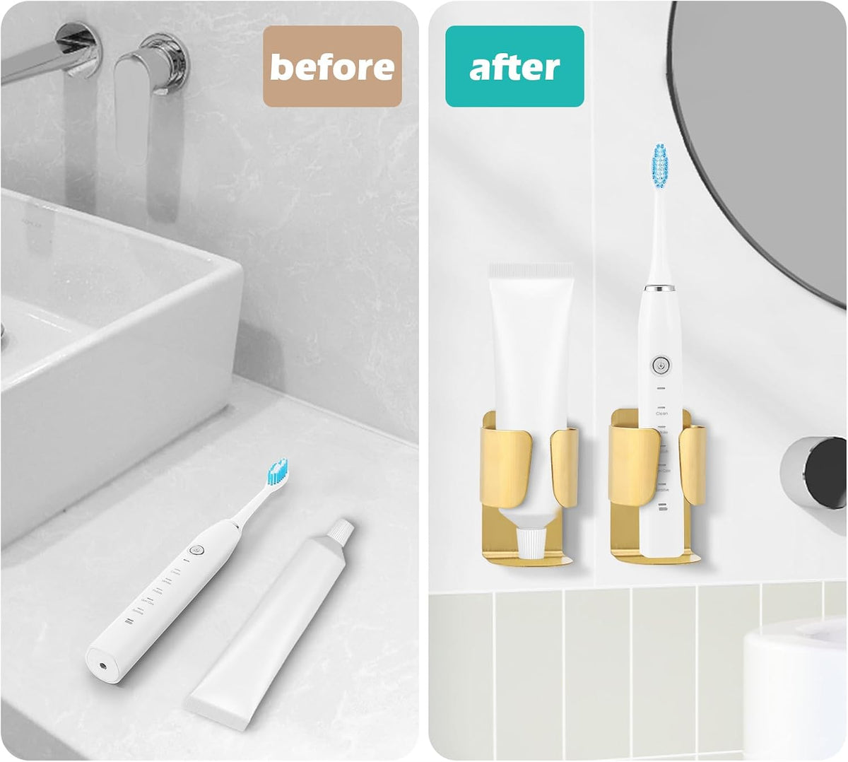 Electric Toothbrush Holder Wall Mount – No Drill 304 Stainless Steel Self Adhesive Bathroom Organizer for Toothbrush/Toothpaste/Facial/Razor – Space Saving Waterproof Rustproof – Silver