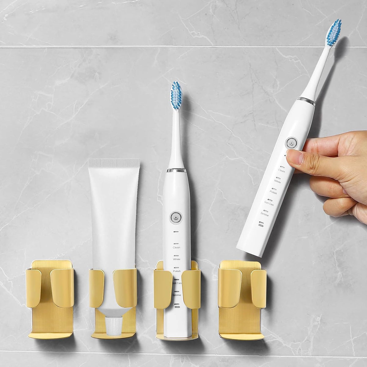 Electric Toothbrush Holder Wall Mount – No Drill 304 Stainless Steel Self Adhesive Bathroom Organizer for Toothbrush/Toothpaste/Facial/Razor – Space Saving Waterproof Rustproof – Silver