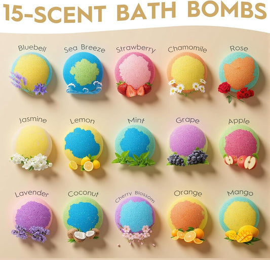 15 Pack Bath Bombs Gift Set for Women - 15 Unique Scents & Colors, Organic Handmade Bubble Bath Balls with Essential Oils & Shea Butter, Relaxing Spa Fizzies, Birthday Gifts for Mom Wife