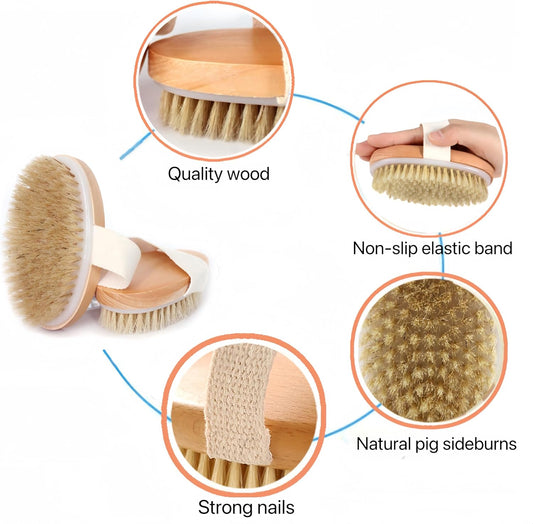 2 Pcs Dry Brushing Body Brush, Natural Bristle Exfoliating Bath Brush | Dry Scrub Brush for Scrubbing Dead Skin, Supports Lymphatic Drainage, Cellulite Care and Blood Circulation