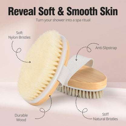 2 Pack Dry Brushing Body Brush, Natural and Soft Bristle Shower Brush for Body Cleaning, Exfoliating Bath Brush for Lymphatic Drainage Improve Circulation, Body Exfoliator Scrubber for Women Men