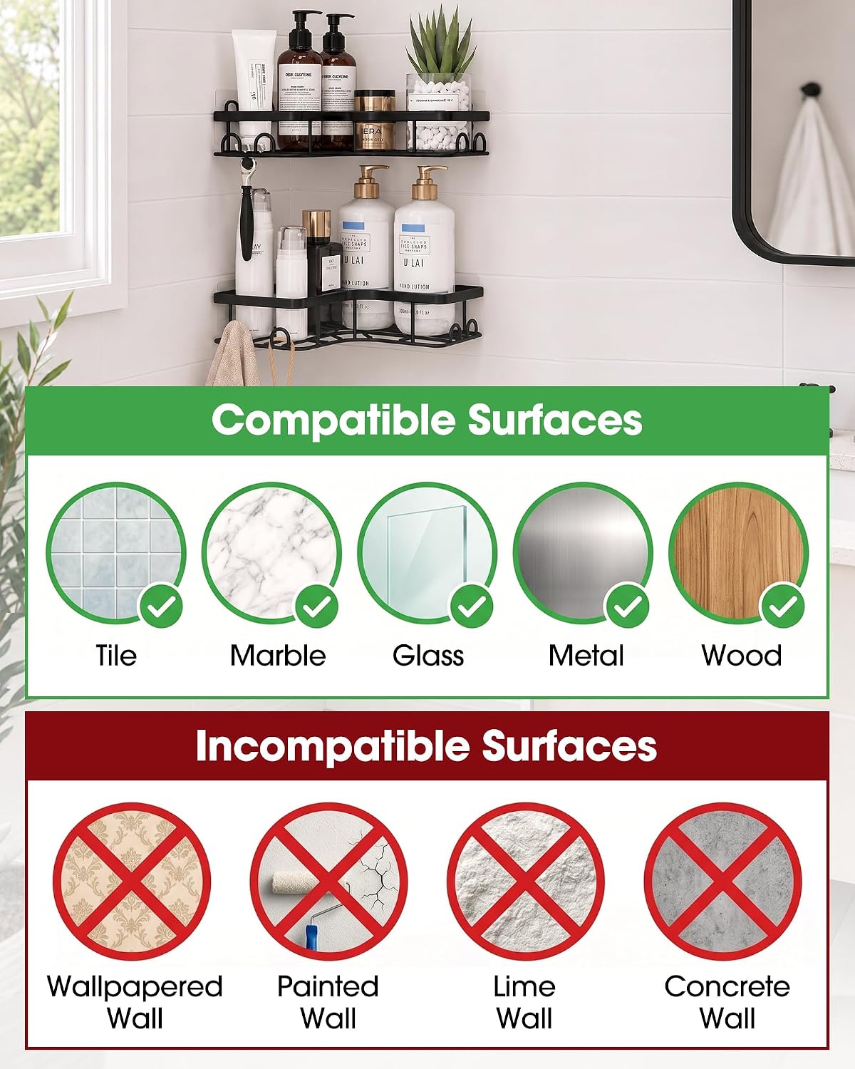 Black Corner Shower Caddy Adhesive No Drilling Bathroom Shelves
