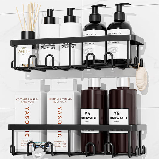 Shower Caddy Adhesive, Rustproof Shower Organizer, Wall Shower Rack | Large Capacity Shower Shelf for Inside Shower, No Drill Shower Storage, Shampoo Shower Holder, Black, 2 Caddies
