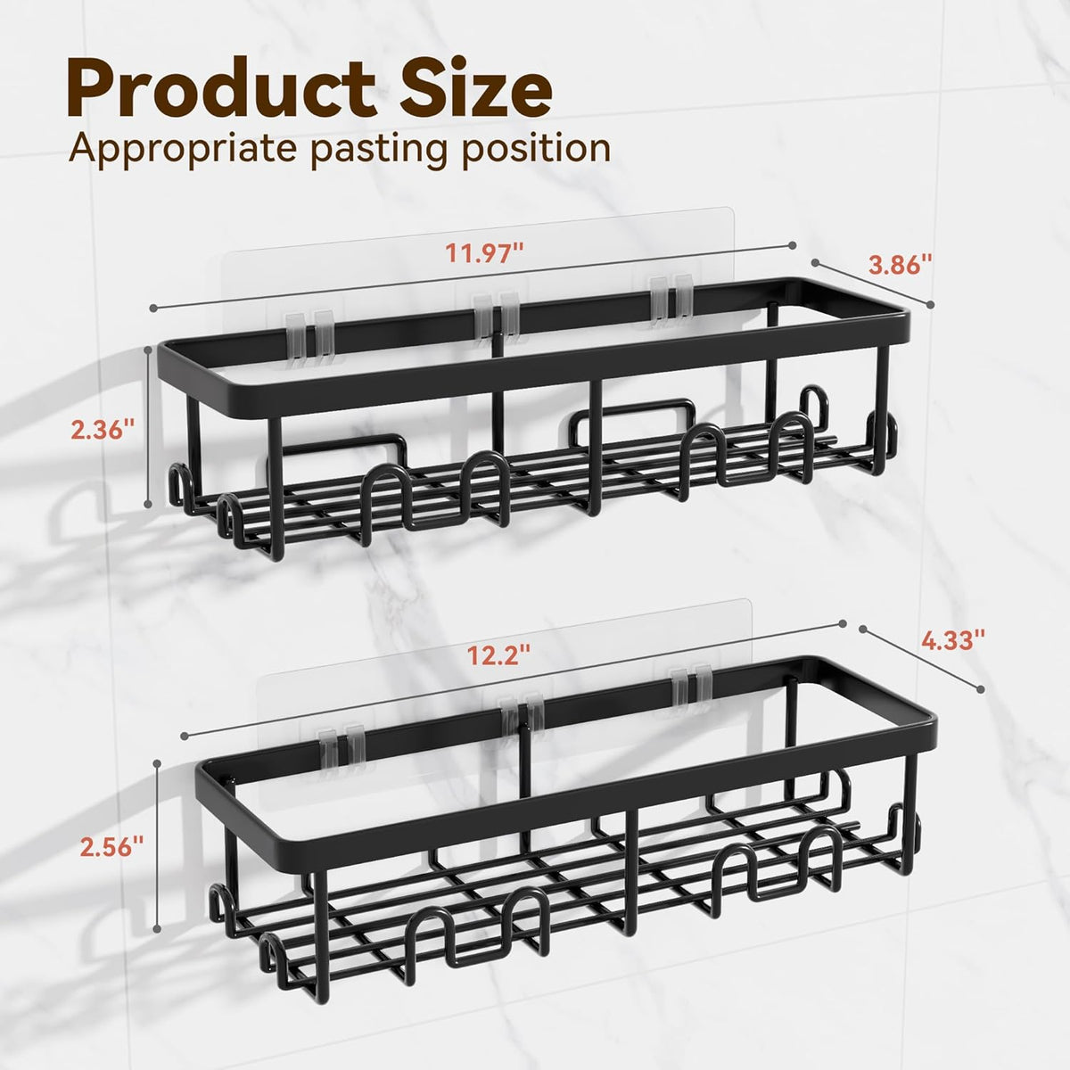 Shower Caddy Adhesive, Rustproof Shower Organizer, Wall Shower Rack | Large Capacity Shower Shelf for Inside Shower, No Drill Shower Storage, Shampoo Shower Holder, Black, 2 Caddies