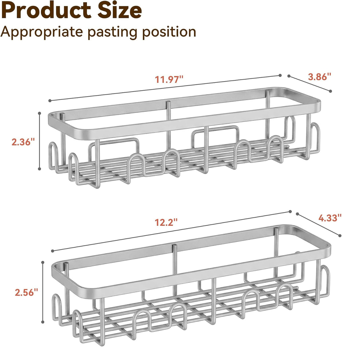 Shower Caddy Adhesive, Rustproof Shower Organizer, Wall Shower Rack | Large Capacity Shower Shelf for Inside Shower, No Drill Shower Storage, Shampoo Shower Holder, Black, 2 Caddies