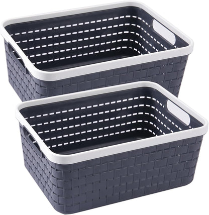 Plastic Storage Bin Baskets, Toilet Paper Basket for Bathroom, Plastic Organizer Shower Caddy with Handles for Living Room (Small Grey 2 pack)
