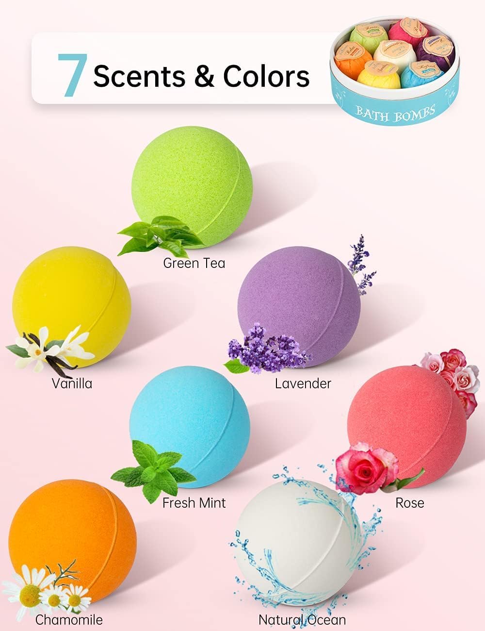 Bath Bombs, 7pcs Bubble Bath Bombs for Women, Natural Handmade Fizzies Gift Set, Spa Organic Bathbombs for Kids, Essential Oil Personal Care Bath Gift for Birthday Mothers Day Christmas