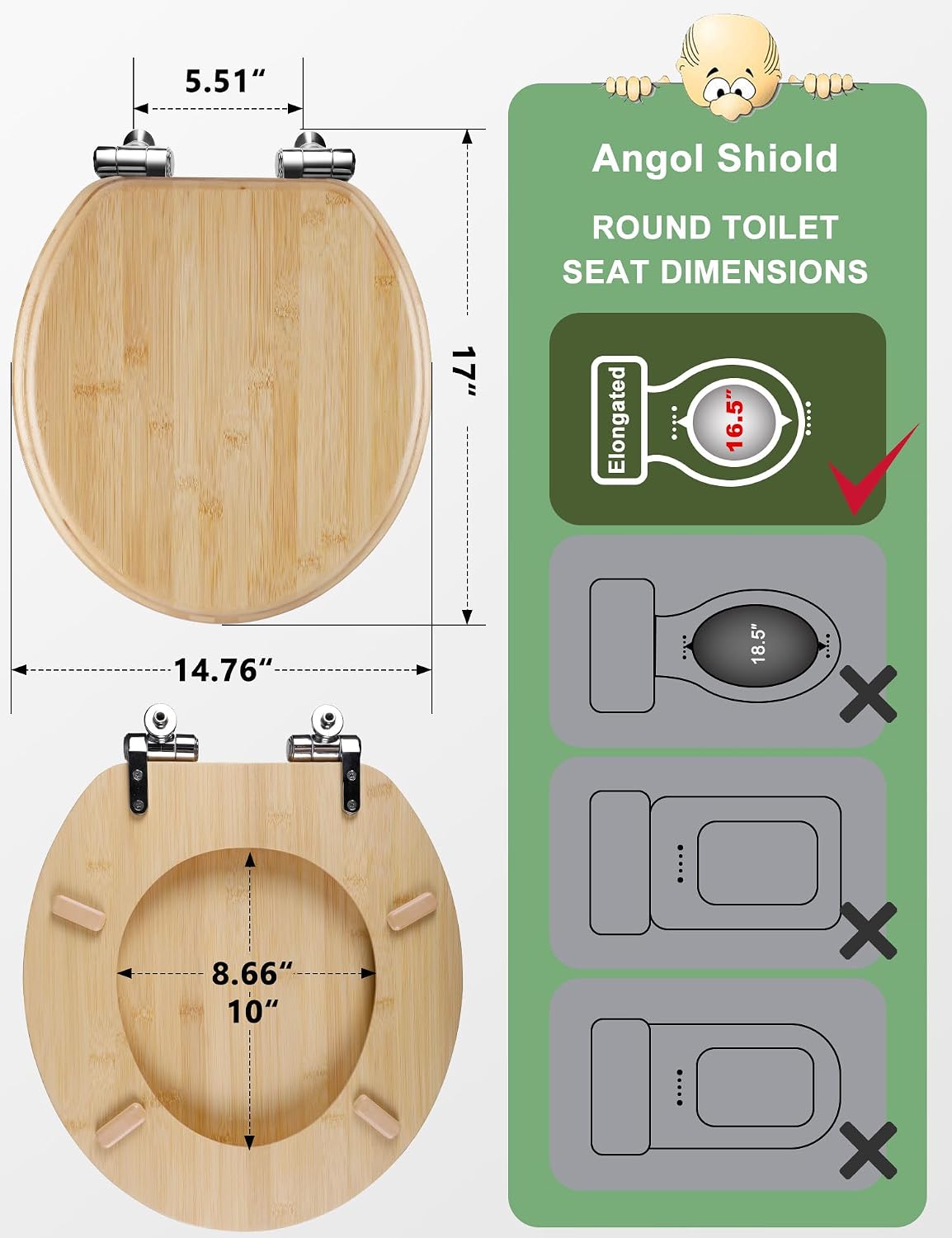ROUND Bamboo Wood Toilet Seat Soft Close 16.5Inch
