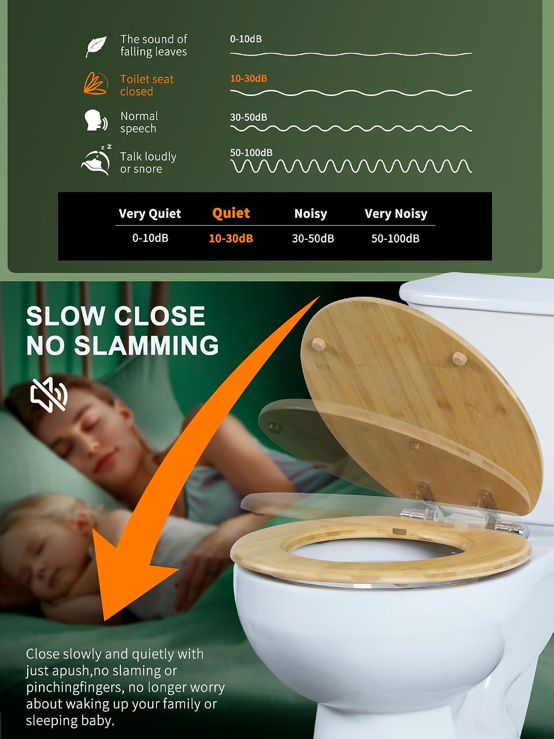 ROUND Bamboo Wood Toilet Seat Soft Close 16.5Inch