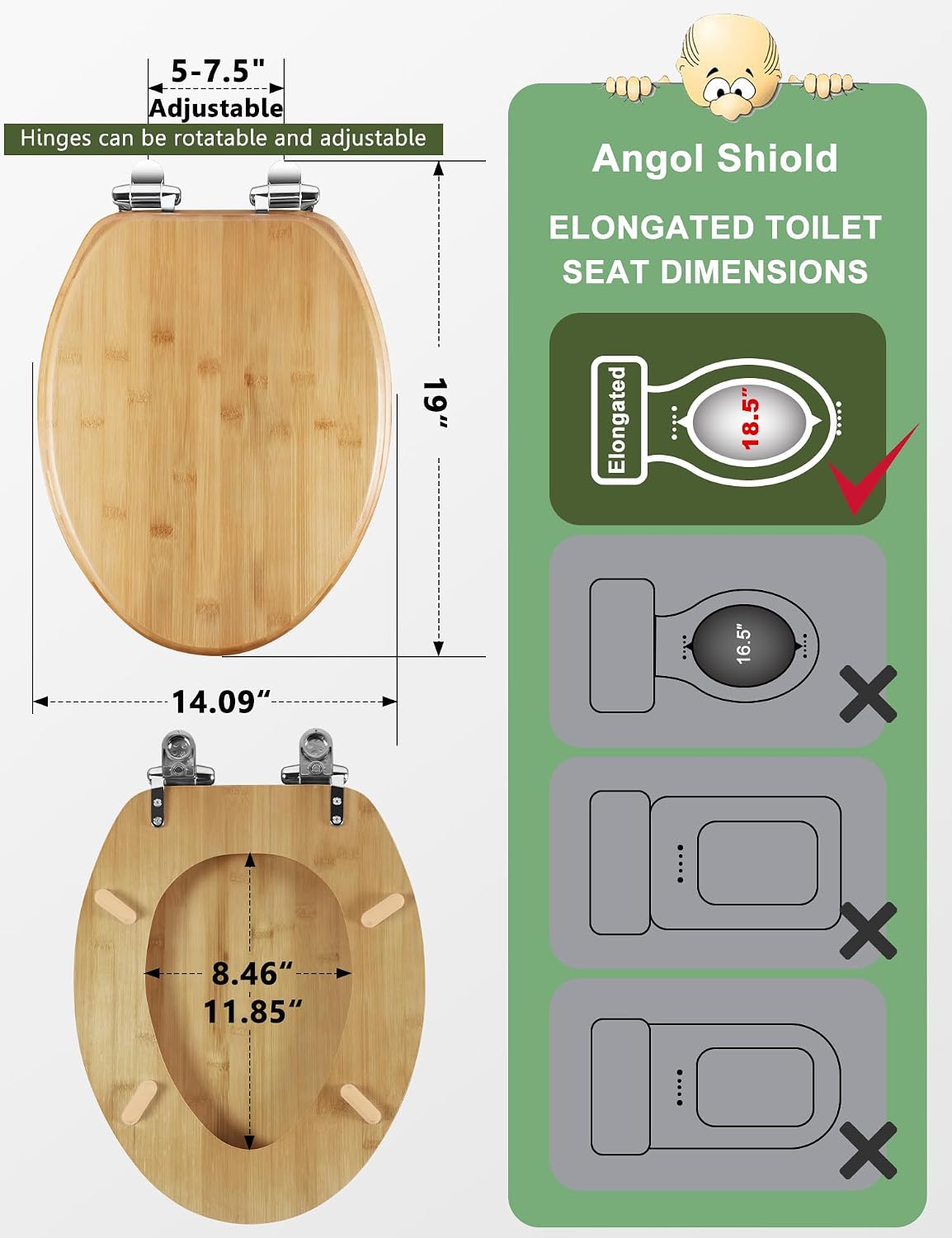ROUND Bamboo Wood Toilet Seat Soft Close 16.5Inch